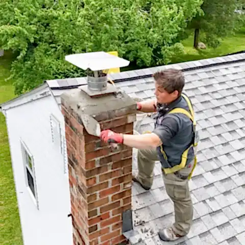 Technician on a roof inspecting a brick chimney during a chimney inspection